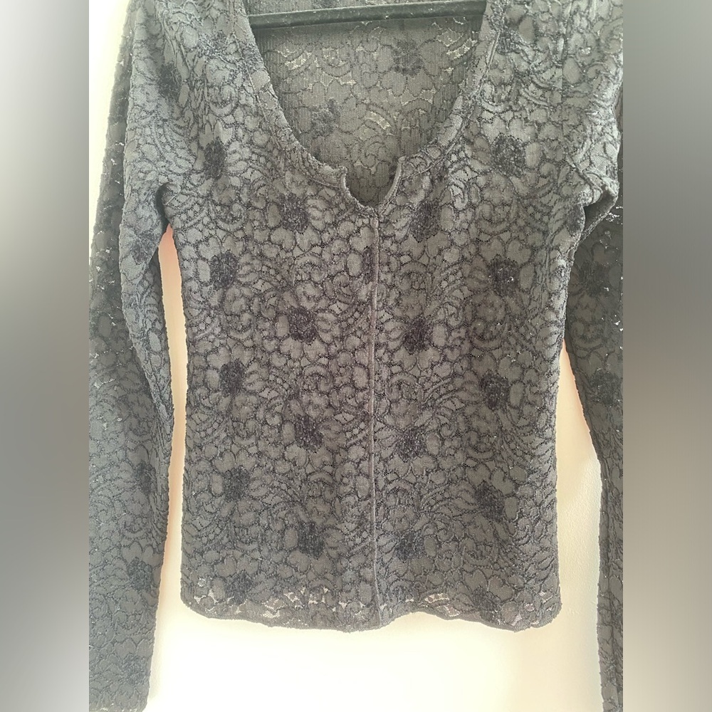Free People Intimately Black Cloud Ride Notch Lace Long Sleeve Top Size M - Picture 7 of 12
